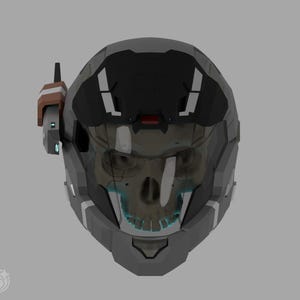 May include: A futuristic gray and black helmet with a skull design visible through the visor. The helmet has a communication device on the side and a red accent. The skull has a blue glow.
