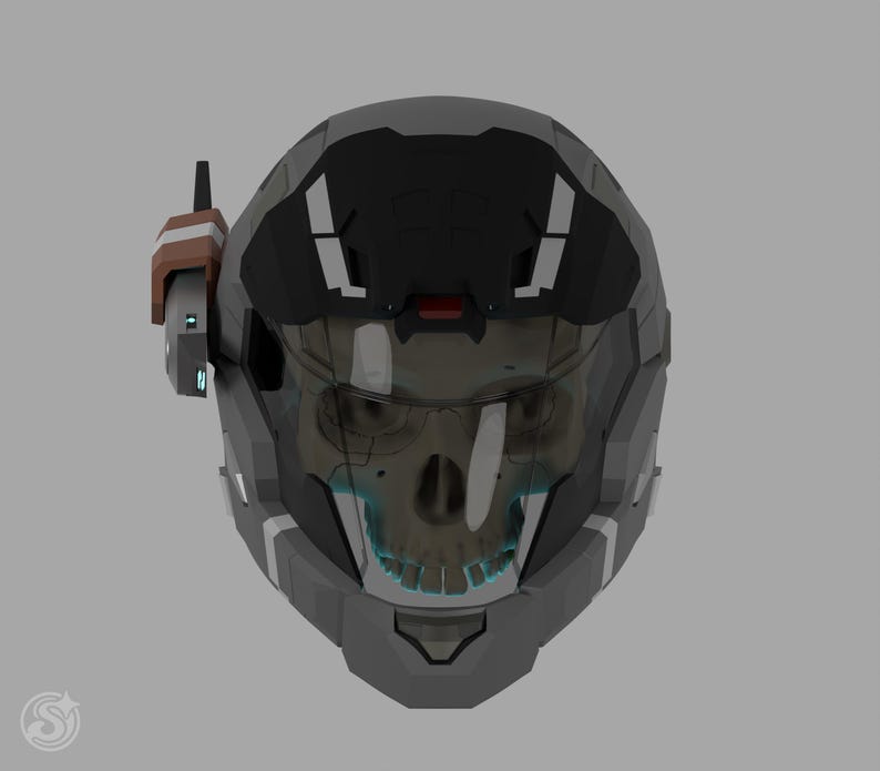 May include: A futuristic gray and black helmet with a skull design visible through the visor. The helmet has a communication device on the side and a red accent. The skull has a blue glow.