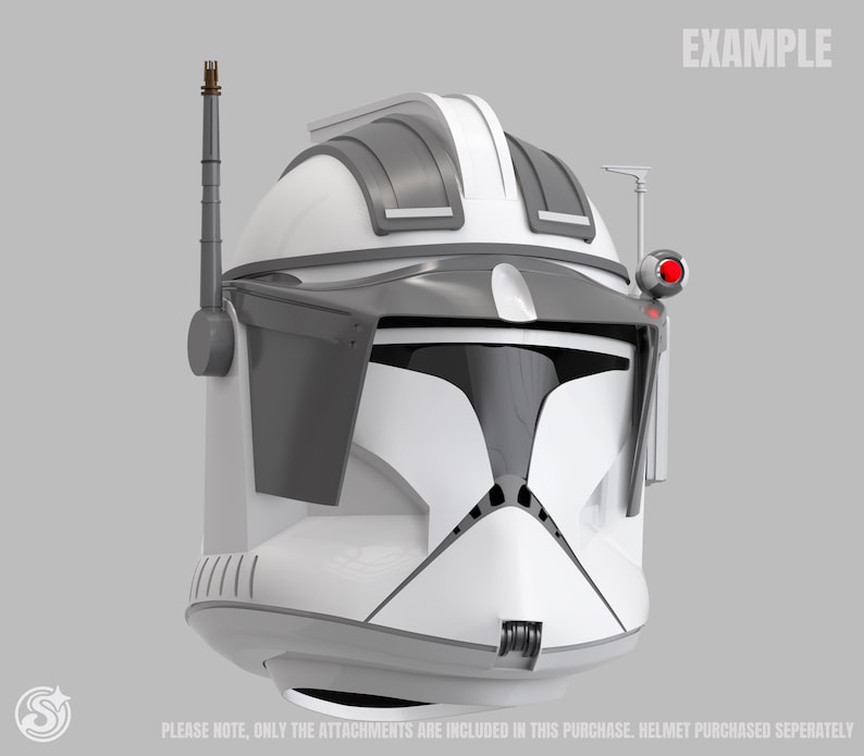 May include: A white and grey helmet with black visor details, a red light, and an antenna. The word "EXAMPLE" is printed at the top right. The text at the bottom says, "PLEASE NOTE, ONLY THE ATTACHMENTS ARE INCLUDED IN THIS PURCHASE. HELMET PURCHASED SEPERATELY."