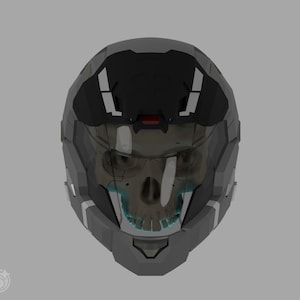 May include: A gray and black futuristic helmet with a transparent visor revealing a skull design. The helmet has white and red accents and a sleek, angular design, suggesting a sci-fi or gaming theme.