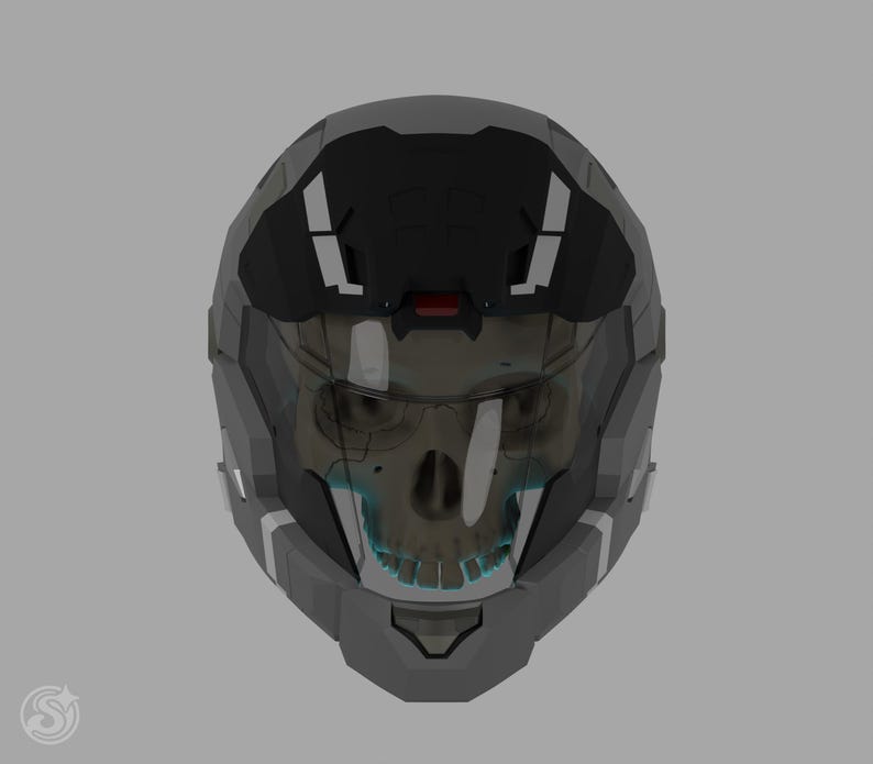 May include: A gray and black futuristic helmet with a transparent visor revealing a skull design. The helmet has white and red accents and a sleek, angular design, suggesting a sci-fi or gaming theme.