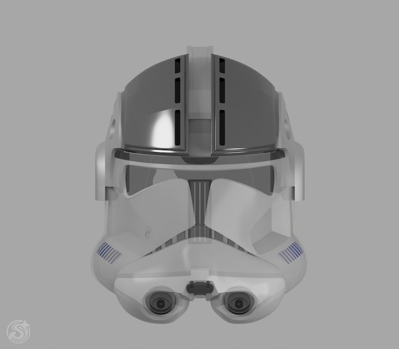 May include: A white and gray helmet with a transparent visor and blue accents. The helmet has a rounded top and a detailed front design, featuring two eye-like openings and a central, rectangular feature.