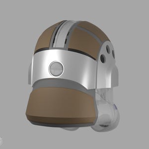 May include: A futuristic helmet design featuring a brown and silver color scheme. The helmet has a rounded top with a silver band across the front and a circular detail. The lower portion is brown, with a transparent section at the bottom.