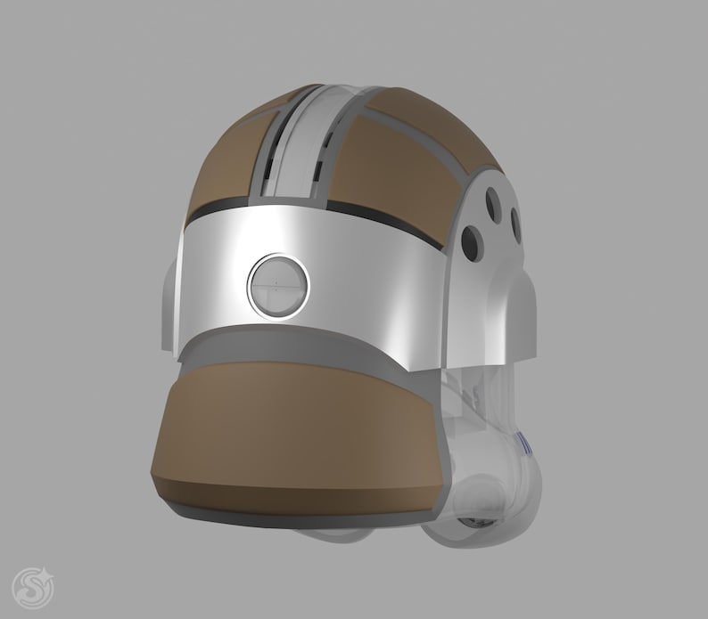 May include: A futuristic helmet design featuring a brown and silver color scheme. The helmet has a rounded top with a silver band across the front and a circular detail. The lower portion is brown, with a transparent section at the bottom.