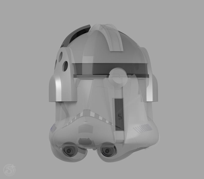 May include: A transparent, light gray helmet with a rounded top and a visor area. The helmet has two eye-like features and several small circular openings on the sides. The design suggests a futuristic or science fiction theme.