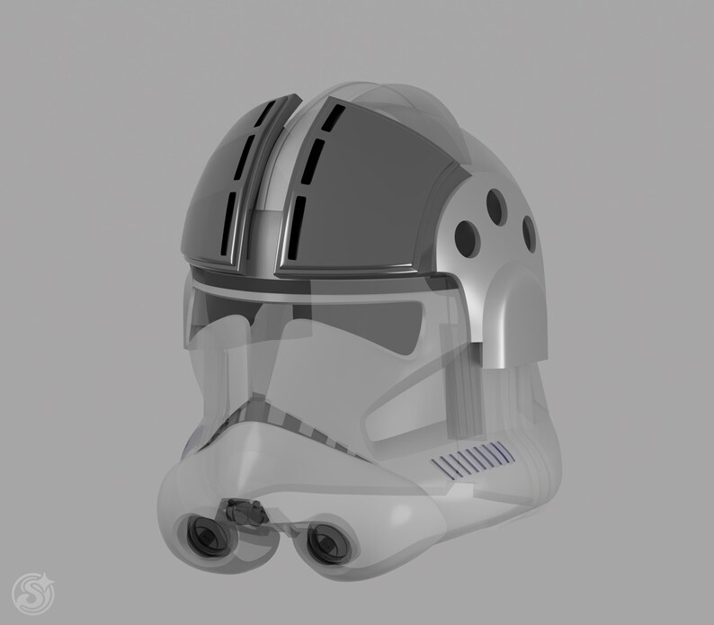 May include: A transparent and white helmet with a gray top section and visor. The helmet has two eye pieces and several ventilation holes. The design is reminiscent of a science fiction or space-themed aesthetic.