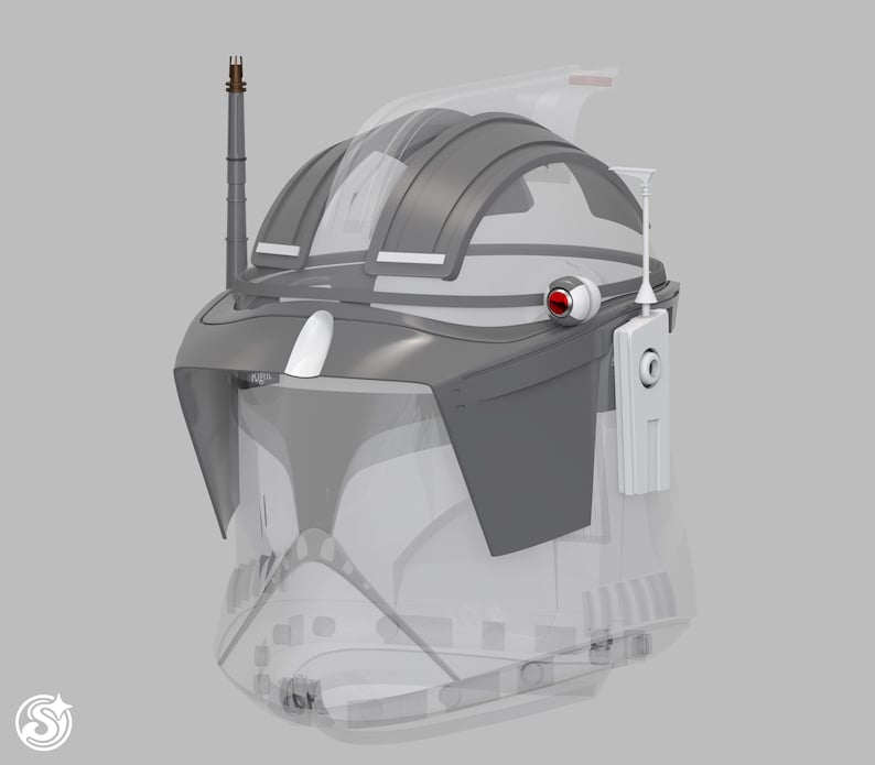 May include: A grey and white helmet with a transparent visor. The helmet features a rounded top with ridges, a white chin piece, and a red circular detail. It also has a tall antenna and a white rectangular device attached to the side.