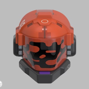 May include: A futuristic orange helmet featuring a dark visor with an irregular black camouflage pattern. The helmet includes grey side panels, a dark grey chin guard with a small purple rectangular accent, and a white circular icon on top.