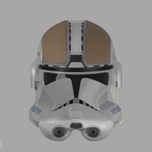 May include: A white and gray helmet with brown accents, featuring a visor and detailed design. The helmet has blue stripes and two circular eye pieces. The overall design suggests a futuristic or sci-fi theme.