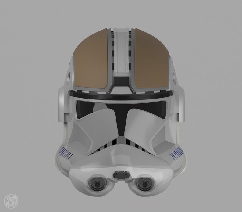 May include: A white and gray helmet with brown accents, featuring a visor and detailed design. The helmet has blue stripes and two circular eye pieces. The overall design suggests a futuristic or sci-fi theme.