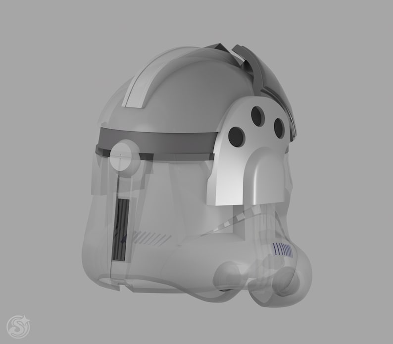 May include: A gray and white helmet with a transparent visor. The helmet has a rounded top with a raised central ridge and a dark gray band around the middle. The side features a white panel with three circular openings.