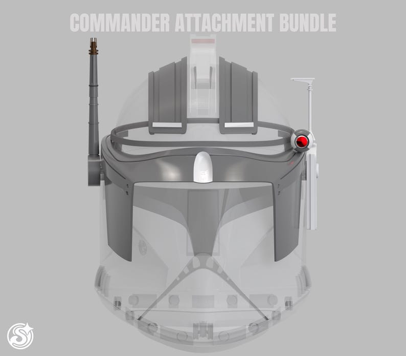 May include: A gray Commander Attachment Bundle, with the text "COMMANDER ATTACHMENT BUNDLE" at the top. The bundle includes a helmet with a red light, antenna, and other attachments. The helmet is transparent with gray accents.