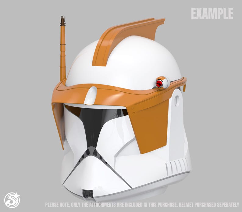 May include: A white and orange helmet with a black visor, antenna, and red accents. The helmet has the word "EXAMPLE" printed on the top right. The text at the bottom reads "PLEASE NOTE, ONLY THE ATTACHMENTS ARE INCLUDED IN THIS PURCHASE. HELMET PURCHASED SEPERATELY."