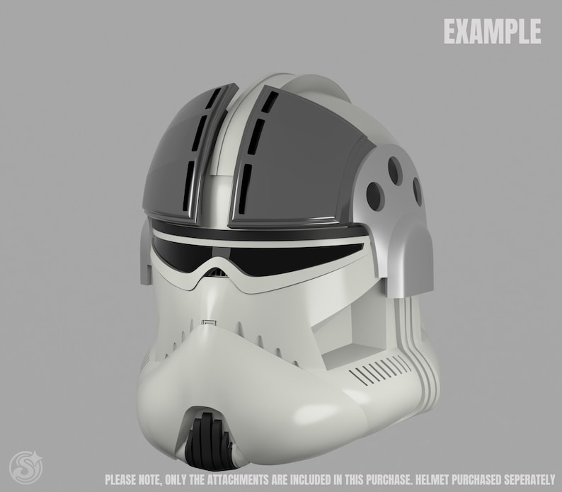 May include: A white and gray helmet with a black visor and accents. The helmet has a rounded shape with vents and a chin piece. The word "EXAMPLE" is printed on the top right. The text at the bottom says "PLEASE NOTE, ONLY THE ATTACHMENTS ARE INCLUDED IN THIS PURCHASE. HELMET PURCHASED SEPERATELY."