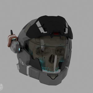 May include: A futuristic gray helmet with a black visor and accents. The helmet features a skull design visible through the visor. It has a communication device on the side and a black visor on top.