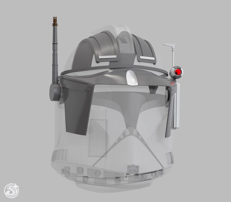 May include: A grey and white helmet with a transparent visor, featuring a prominent antenna and a red light on the side. The helmet has a detailed design with angular shapes and a futuristic aesthetic.