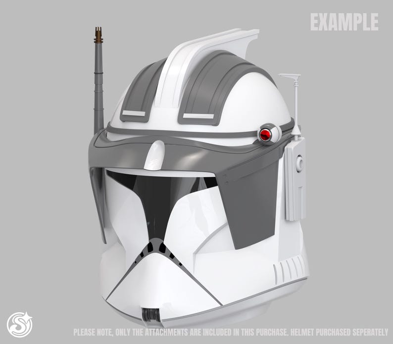 May include: A white and grey helmet with a visor, antenna, and communication device. The helmet has a red accent and the word "EXAMPLE" is printed on the top right. The text at the bottom says, "PLEASE NOTE, ONLY THE ATTACHMENTS ARE INCLUDED IN THIS PURCHASE. HELMET PURCHASED SEPERATELY."