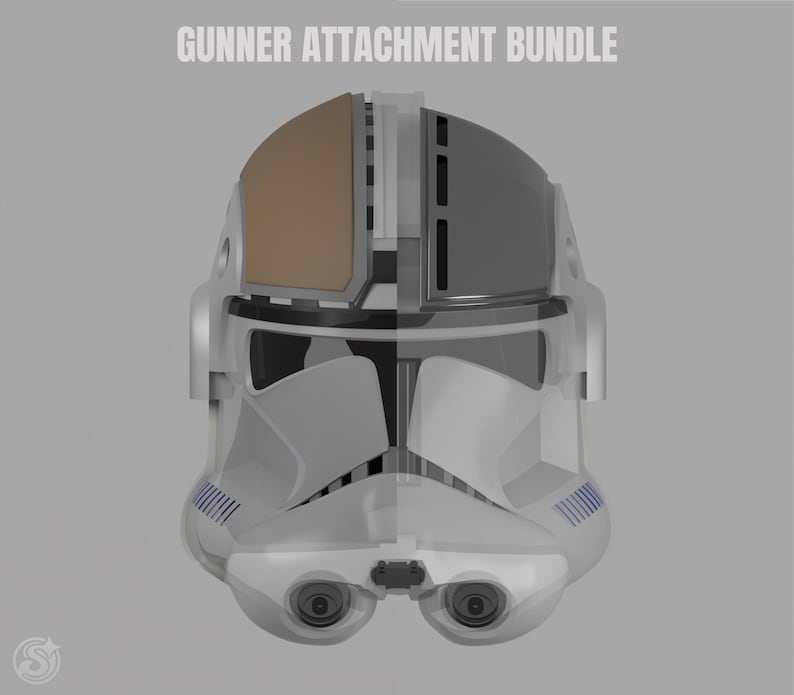 May include: A white and gray helmet with a brown visor and the text "GUNNER ATTACHMENT BUNDLE". The helmet has blue stripes and two eye pieces. The design is futuristic and appears to be a 3D render.