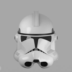 May include: A white, detailed helmet with black accents, reminiscent of a clone trooper helmet. The helmet features a prominent visor, ventilation slits, and a distinctive top ridge. The design is symmetrical and clean, with a futuristic aesthetic.