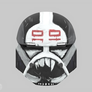 May include: A black and white helmet with red accents. The helmet has a distinctive design with a white face and a stylized mouth. The top of the helmet features a white stripe and red markings. The overall design is reminiscent of a futuristic or sci-fi theme.