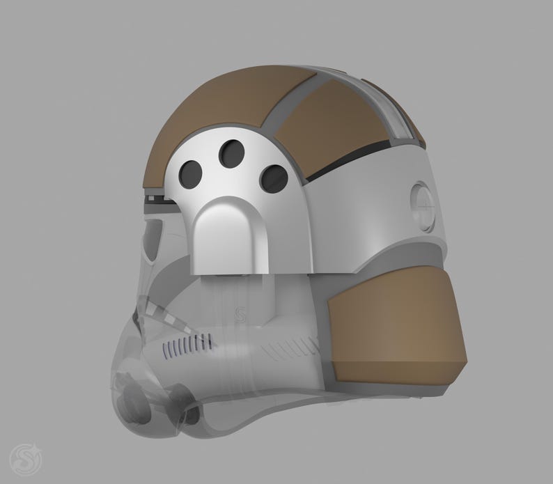May include: A futuristic helmet design with a transparent visor and a combination of white, silver, and brown panels. The helmet features a rounded top and a distinctive front section with circular vents, suggesting a sci-fi or cosplay theme.