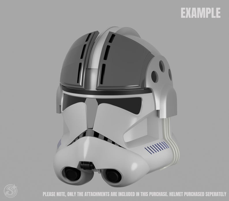 May include: A white and gray helmet with black accents, featuring a distinctive design with vents and a visor. The word "EXAMPLE" is printed in the upper right corner. The text at the bottom says "PLEASE NOTE, ONLY THE ATTACHMENTS ARE INCLUDED IN THIS PURCHASE, HELMET PURCHASED SEPERATELY."