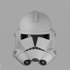 May include: A white helmet with a rounded crown and a distinctive visor. The design includes a central ridge and two circular features at the base, giving a futuristic appearance. The symmetrical design suggests a sci-fi or fantasy theme.