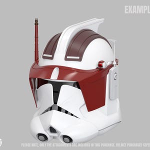 May include: A white and maroon helmet with a distinctive design, featuring a visor, antenna, and side attachments. The word "EXAMPLE" is visible in the upper right corner. The helmet has a glossy finish and is set against a grey background.