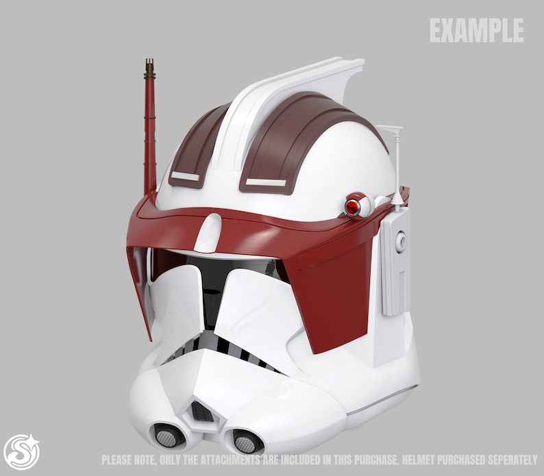 May include: A white and maroon helmet with a distinctive design, featuring a visor, antenna, and side attachments. The word "EXAMPLE" is visible in the upper right corner. The helmet has a glossy finish and is set against a grey background.