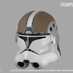 May include: A white and brown helmet with black accents, featuring a distinctive design. The helmet has a visor and is set against a gray background. The word "EXAMPLE" is displayed at the top right.