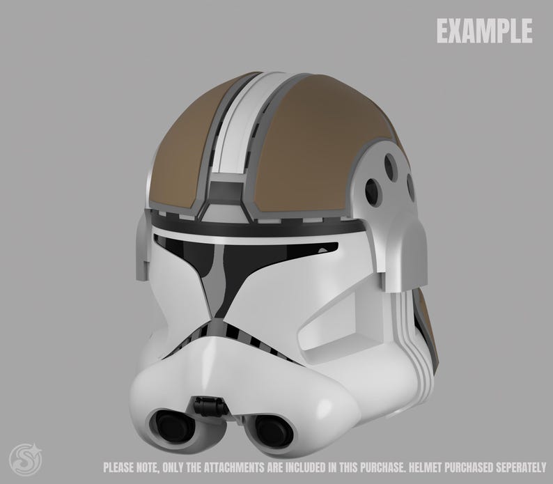 May include: A white and brown helmet with black accents, featuring a distinctive design. The helmet has a visor and is set against a gray background. The word "EXAMPLE" is displayed at the top right.