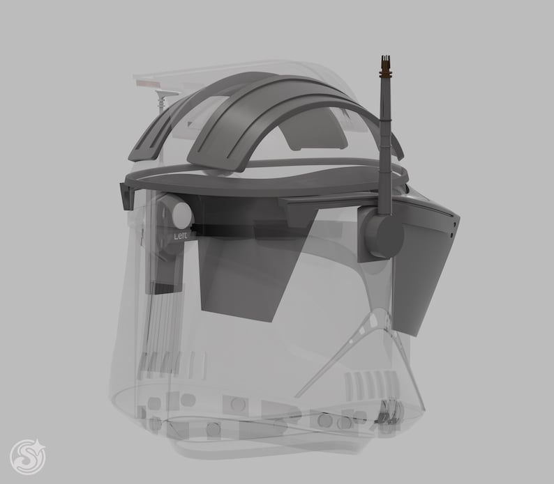 May include: A transparent and grey helmet with a curved visor and a tall antenna. The word "Left" is visible on the side. The helmet has a futuristic design, with a clear face shield and a complex internal structure.