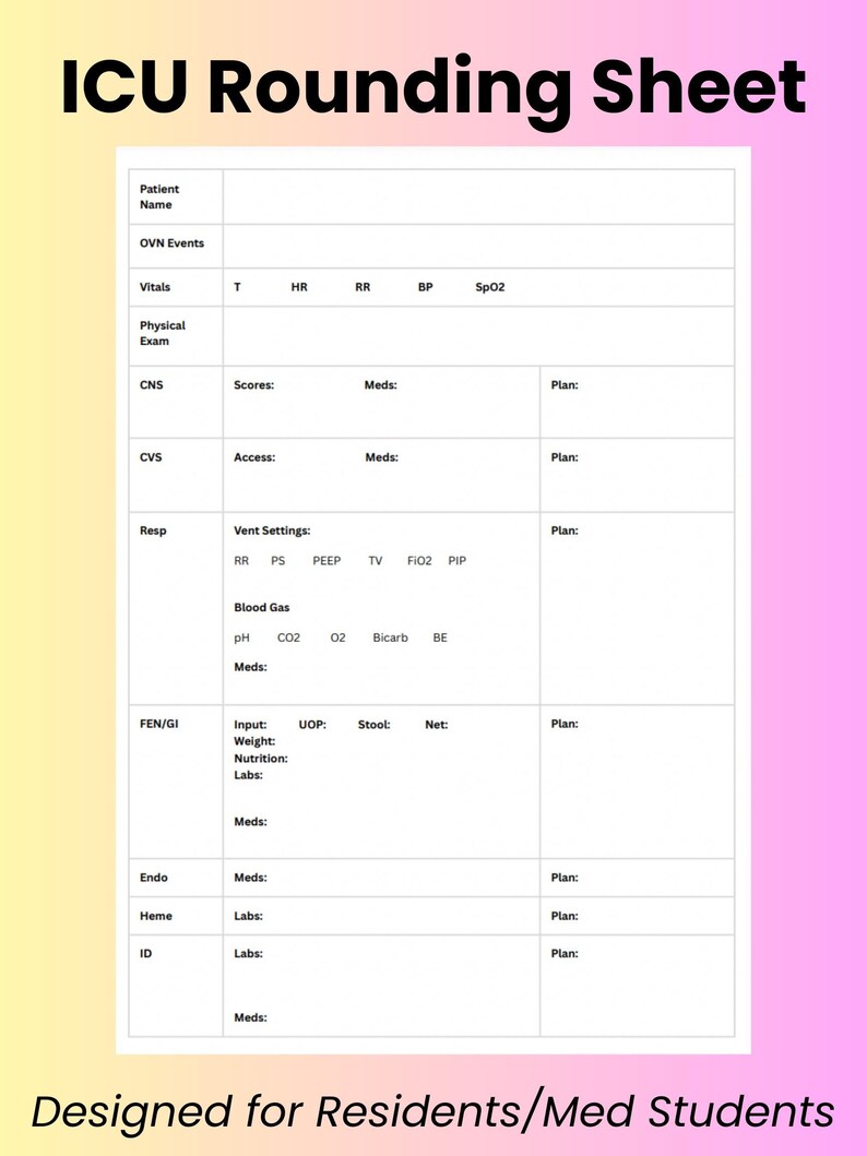 ICU Rounding Sheet for Medical Students/medical Residents/rns/nps - Etsy