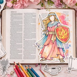May include: An open book with the text "Judges 4:4" is surrounded by art supplies and stickers. A colorful sticker of a woman holding a sword and shield is in the center. Other stickers include a basket, a scroll, and a lamp.