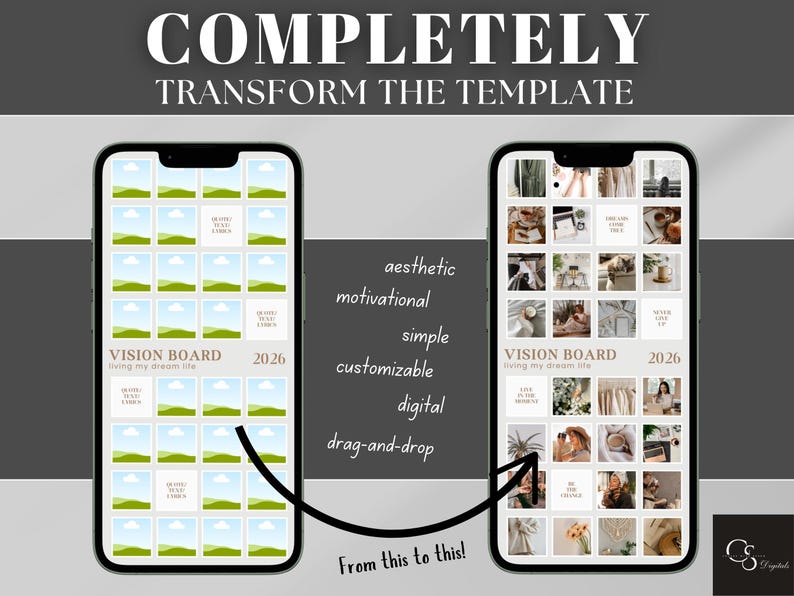 Create a stunning phone vision board wallpaper using this fully editable Canva template. Customize colors, fonts, and layout to keep your daily goals visible anytime, anywhere. Includes instant access and an easy-to-edit mobile ratio for a seamless, polished look on your device.