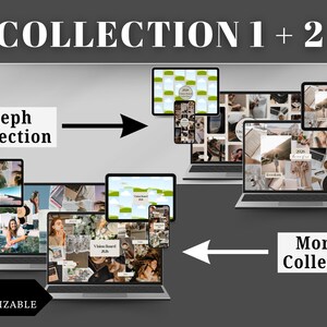 Collection 1 and 2 (4 mood board designs) of the vision board canva templates includes desktop, mobile, and iPad ratios. They are fully customizable - change the fonts, color, and add your photos to fully represent your goals. Enjoy a minimalistic and sleek background/wallpaper.