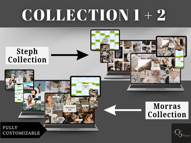 Collection 1 and 2 (4 mood board designs) of the vision board canva templates includes desktop, mobile, and iPad ratios. They are fully customizable - change the fonts, color, and add your photos to fully represent your goals. Enjoy a minimalistic and sleek background/wallpaper.