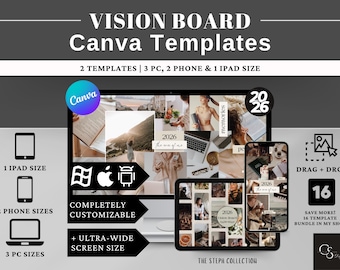 Vision Board Template Canva, Digital Vision Board iPhone Wallpaper, Vision Board Desktop Background, Mood Board, Canva Vision Board 2026