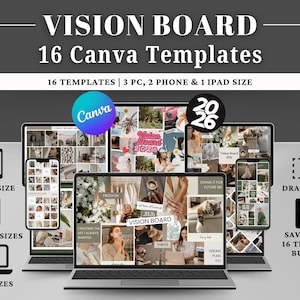 2026 Vision Board Canva Template Bundle for Desktop, Phone, and iPad. Editable digital vision board background and wallpaper in 16 different designs - minimal, retro, neutral, green, pink, etc. Includes 16 templates in multiple screen sizes (3 desktop, 2 phone, 1 iPad). Easy drag-and-drop design, fully customizable in Canva. Perfect digital download for goal setting and personal growth vision boards. Ideal for creating your dream life vision board.