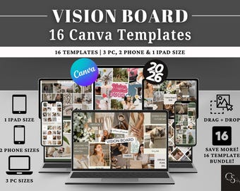 2026 Vision Board Canva Template Bundle - 16 Aesthetic Vision Board Templates for Desktop, Mobile, and Tablet Wallpapers - Customizable