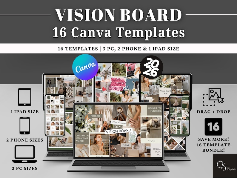 2026 Vision Board Canva Template Bundle for Desktop, Phone, and iPad. Editable digital vision board background and wallpaper in 16 different designs - minimal, retro, neutral, green, pink, etc. Includes 16 templates in multiple screen sizes (3 desktop, 2 phone, 1 iPad). Easy drag-and-drop design, fully customizable in Canva. Perfect digital download for goal setting and personal growth vision boards. Ideal for creating your dream life vision board.
