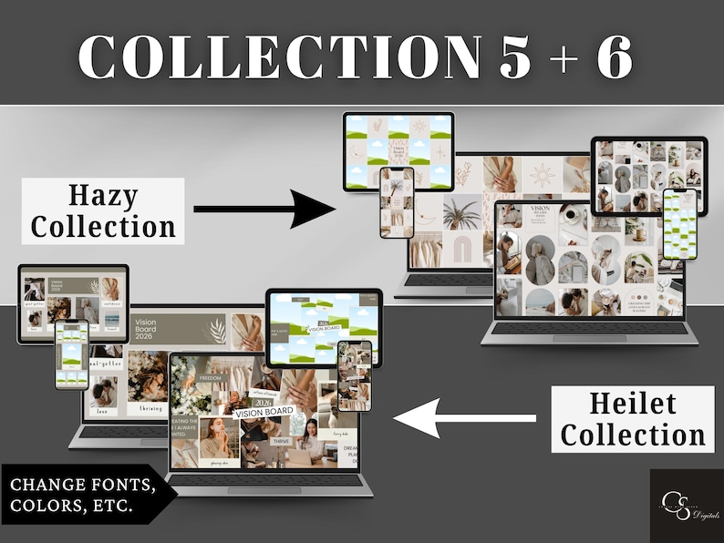 Collection 5 and 6 (4 mood board designs) of the vision board canva templates includes desktop, mobile, and iPad ratios. They are fully customizable - change the fonts, color, and add your photos to fully represent your goals. Enjoy a minimalistic and modern background/wallpaper.