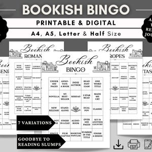 Könnte beinhalten: Eine Sammlung von druckbaren und digitalen "Bookish Bingo" Spielkarten in verschiedenen Größen, einschließlich A4, A5, Letter und Half Size. Die Karten zeigen verschiedene Bingo-Themen wie Roman, Genre, Ropes und Fantasy, mit Leseaufforderungen. Der Text "Bookish Bingo" ist enthalten.