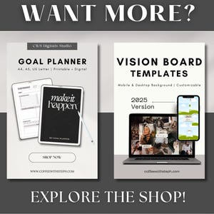 You can get 30% off when you purchase 2 items with the code SAVE30. Two other products are showcased here: Goal Planner and Canva Vision Board Template