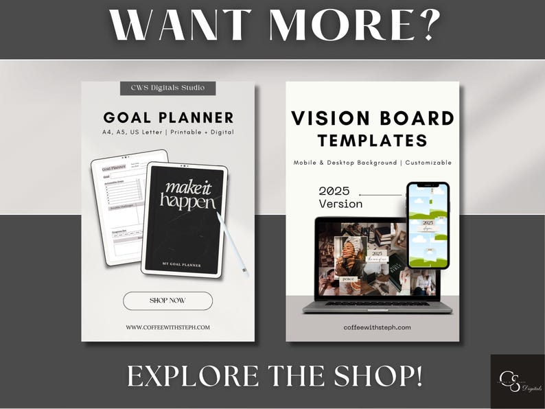 You can get 30% off when you purchase 2 items with the code SAVE30. Two other products are showcased here: Goal Planner and Canva Vision Board Template