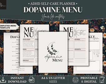 Utskrivbar ADHD-självvårdsdagbok, dopaminmenymall, digitalt dopameny-arbetsblad, självvårdsplanerare, A4 US Letter