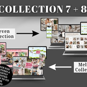 Collection 7 and 8 (4 mood board designs) of the vision board canva templates includes desktop, mobile, and iPad ratios. They are fully customizable - change the fonts, color, and add your photos to fully represent your goals. Enjoy a minimalistic and retro background/wallpaper. each size features a slightly adjusted design to fit the
ratio.