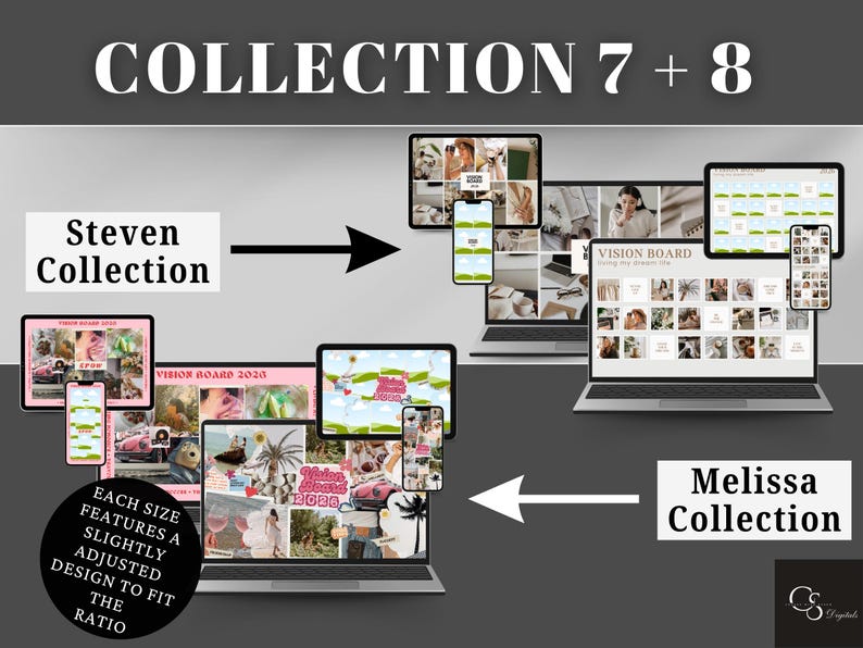 Collection 7 and 8 (4 mood board designs) of the vision board canva templates includes desktop, mobile, and iPad ratios. They are fully customizable - change the fonts, color, and add your photos to fully represent your goals. Enjoy a minimalistic and retro background/wallpaper. each size features a slightly adjusted design to fit the
ratio.