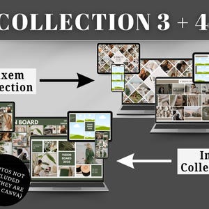 Collection 3 and 4 (4 mood board designs) of the vision board canva templates includes desktop, mobile, and iPad ratios. They are fully customizable - change the fonts, color, and add your photos to fully represent your goals. Enjoy a minimalistic and green background/wallpaper. Photos are NOT included in this purchase; however, all of them can be found on Canva.