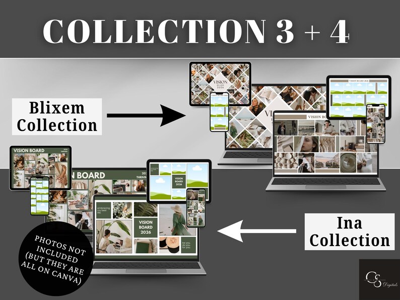 Collection 3 and 4 (4 mood board designs) of the vision board canva templates includes desktop, mobile, and iPad ratios. They are fully customizable - change the fonts, color, and add your photos to fully represent your goals. Enjoy a minimalistic and green background/wallpaper. Photos are NOT included in this purchase; however, all of them can be found on Canva.